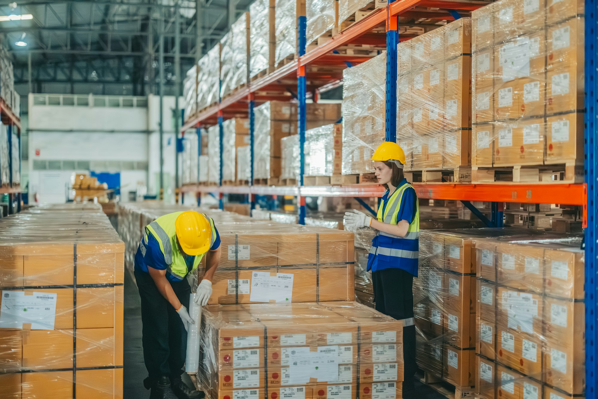 Warehouse staff sort, categorize, store items, packaging, labeling products, schedule delivery dates